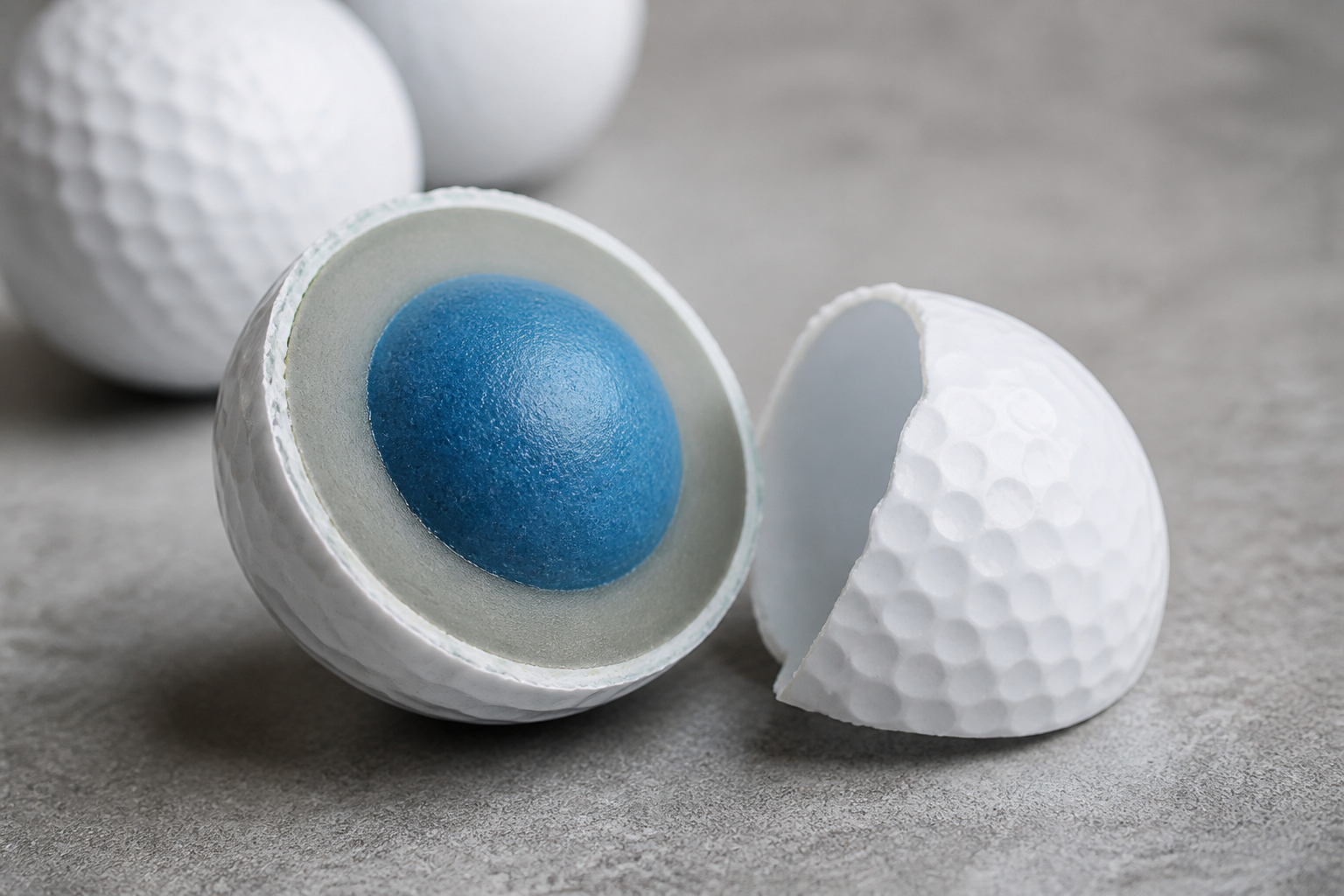 Cutaway of a three-piece golf ball showing the rubber core, the thin mantle layer and the dimpled outer cover