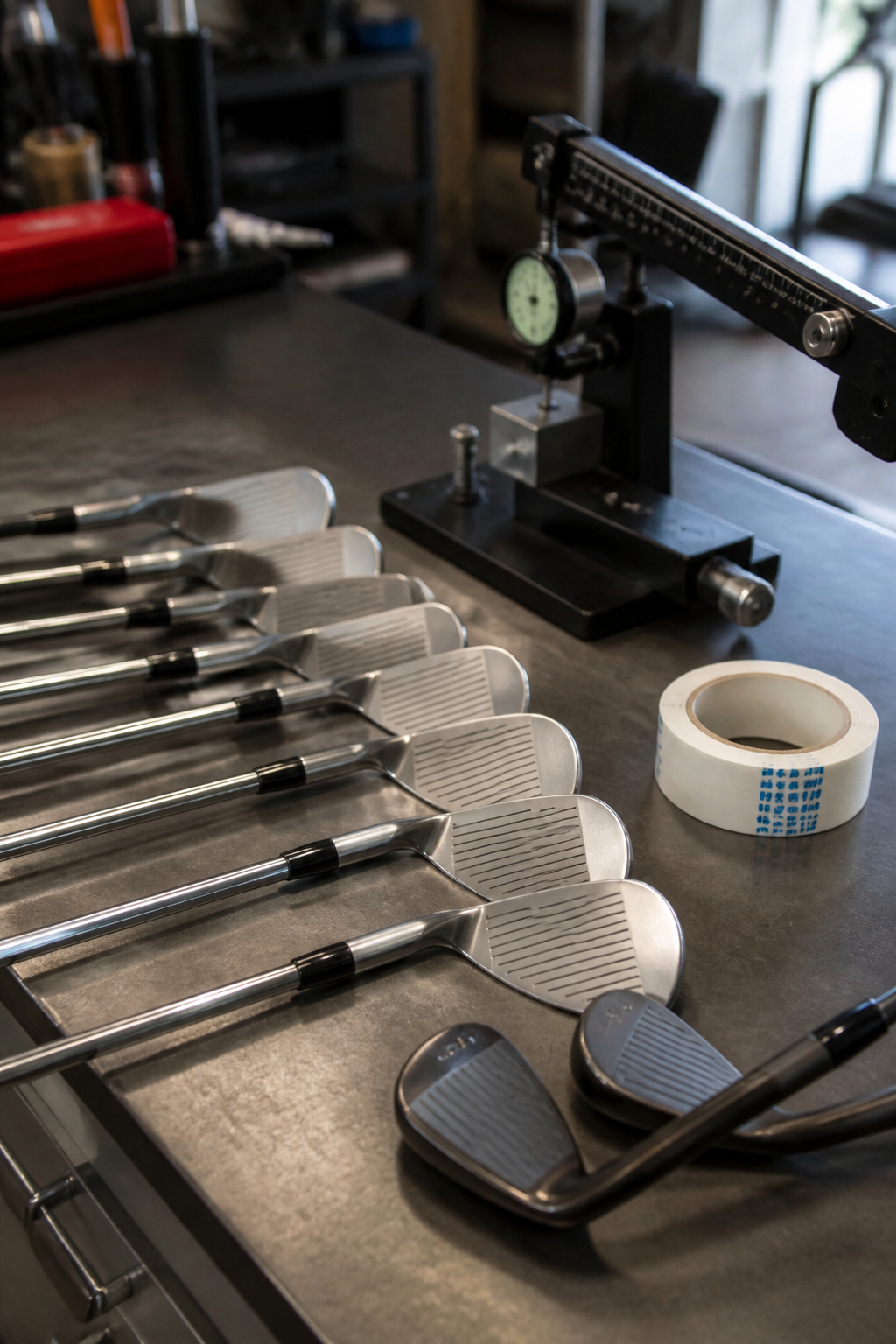 Set of irons and wedges laid out on a workshop bench next to a loft and lie machine and a roll of impact tape
