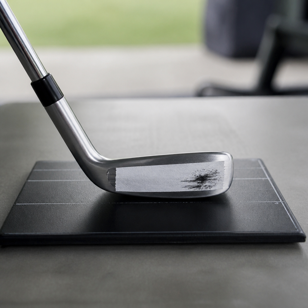 Iron soled on a black lie board with impact tape on the sole showing a fresh scuff mark towards the heel