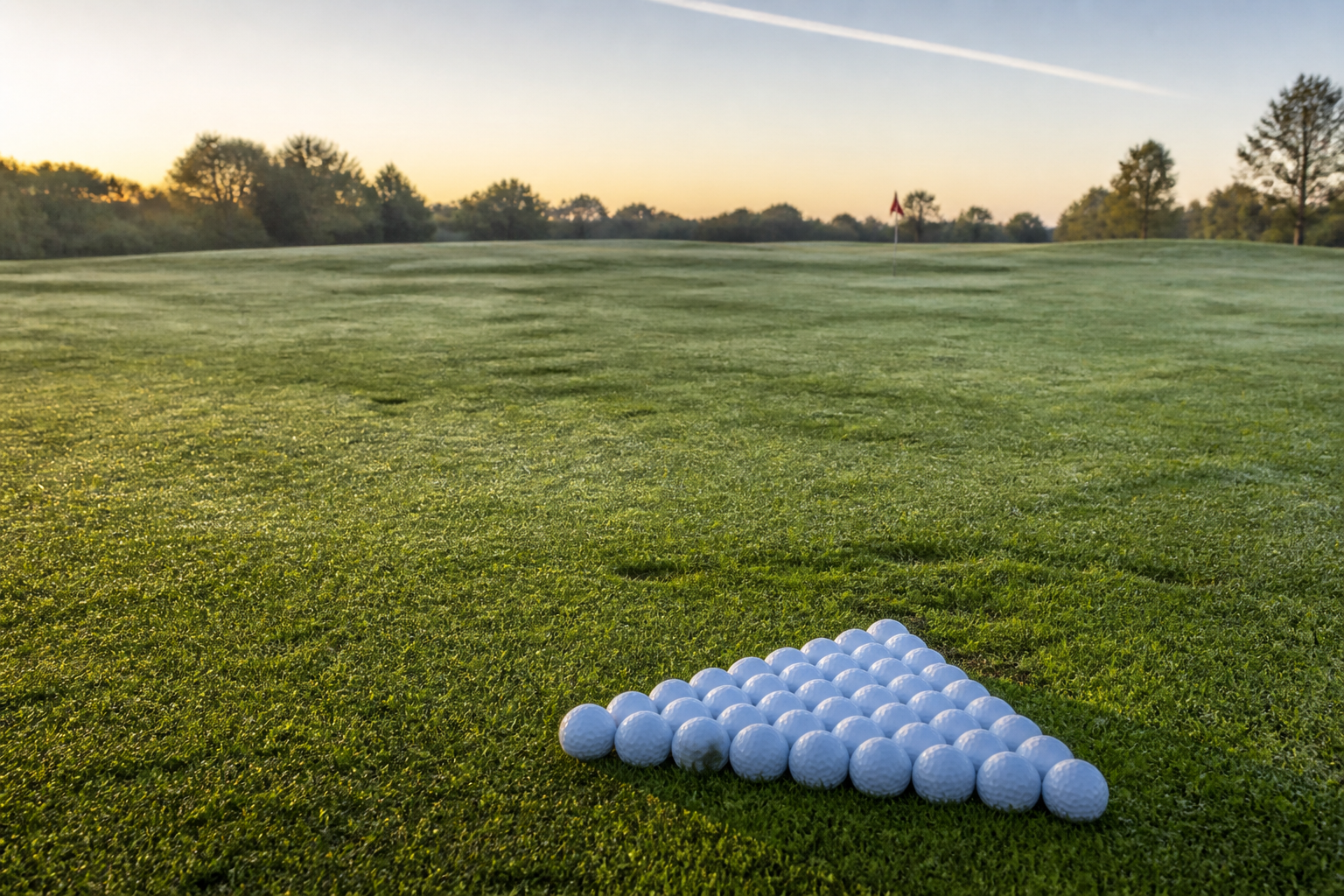 Empty practice ground at first light, a fan of range balls on cut turf and a target flag roughly 150 yards away