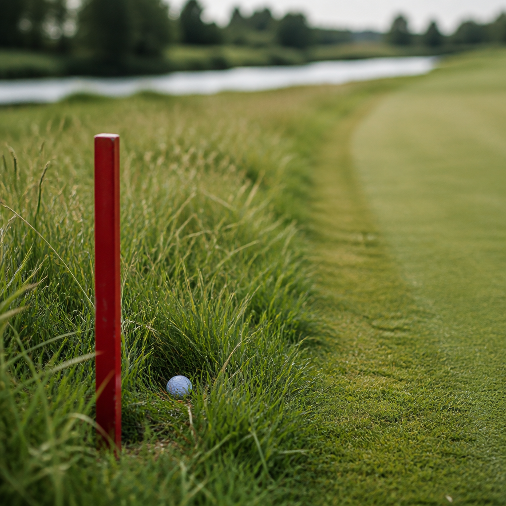 Red stake marking the edge of a penalty area beside a mown fairway, with a golf ball lying in long grass just inside the line