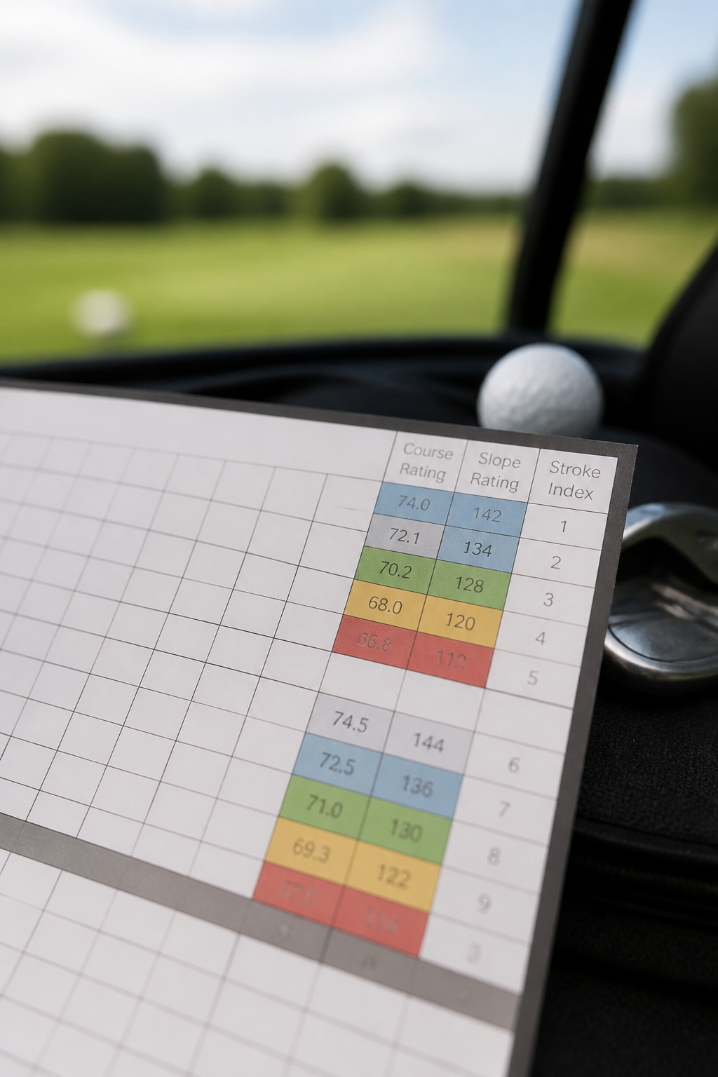 Close view of a blank generic golf scorecard with no club name, showing the course rating, slope rating and stroke index columns