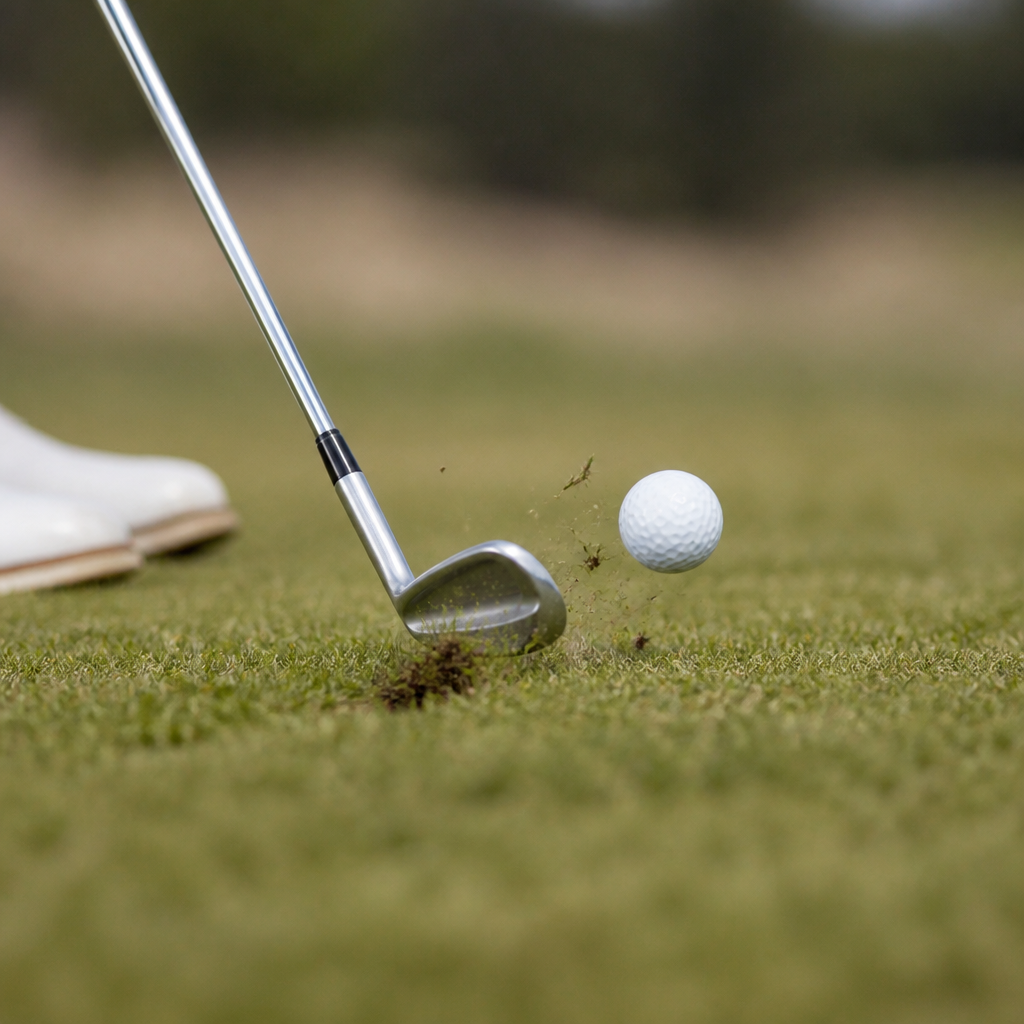 Close view of a mid-iron at impact on cut turf, the divot starting in front of the ball's original position