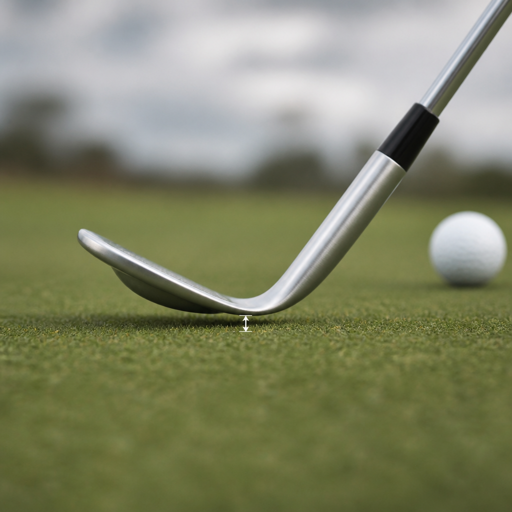 Side view of a wedge resting on flat turf, showing the gap between the leading edge and the ground that defines the bounce angle
